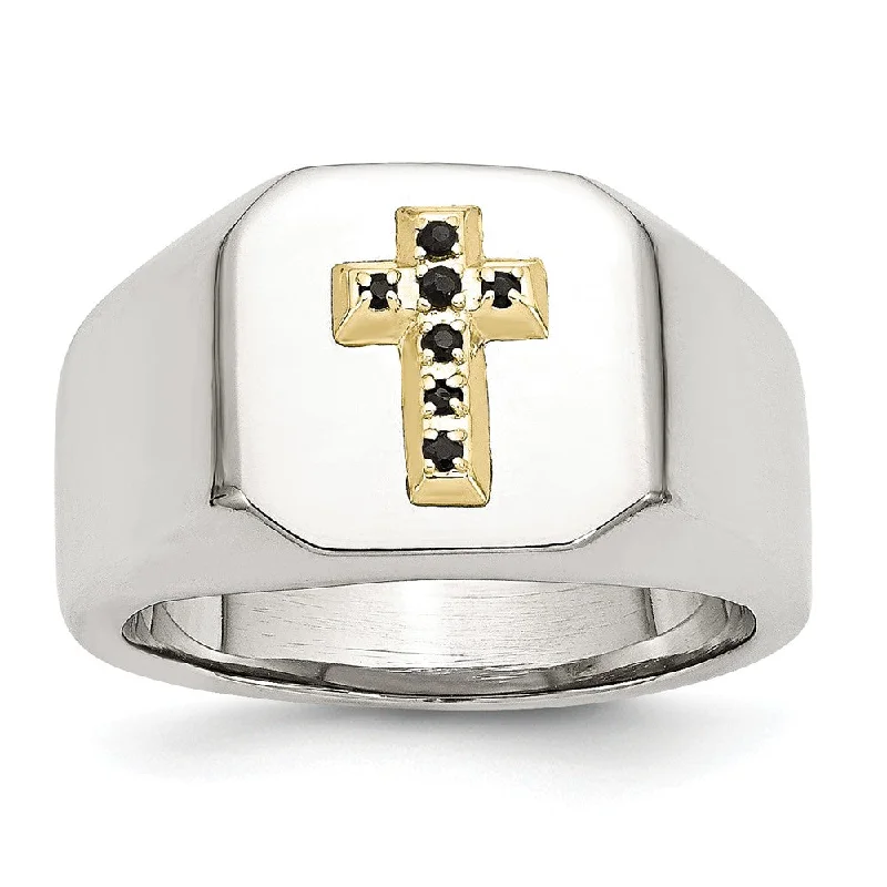 Ladies rings natural stones-Stainless Steel 14K Yellow Gold Accent w Sapphires Cross Ring