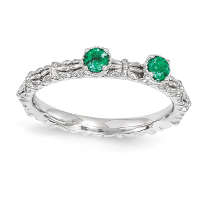 Ladies rings party wear-Sterling Silver Stackable Created Emerald Round Two Stone Ring