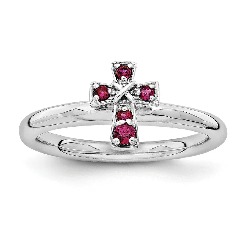 Ladies rings gold-plated-Rhodium Plated Sterling Silver Stackable Created Ruby 9mm Cross Ring