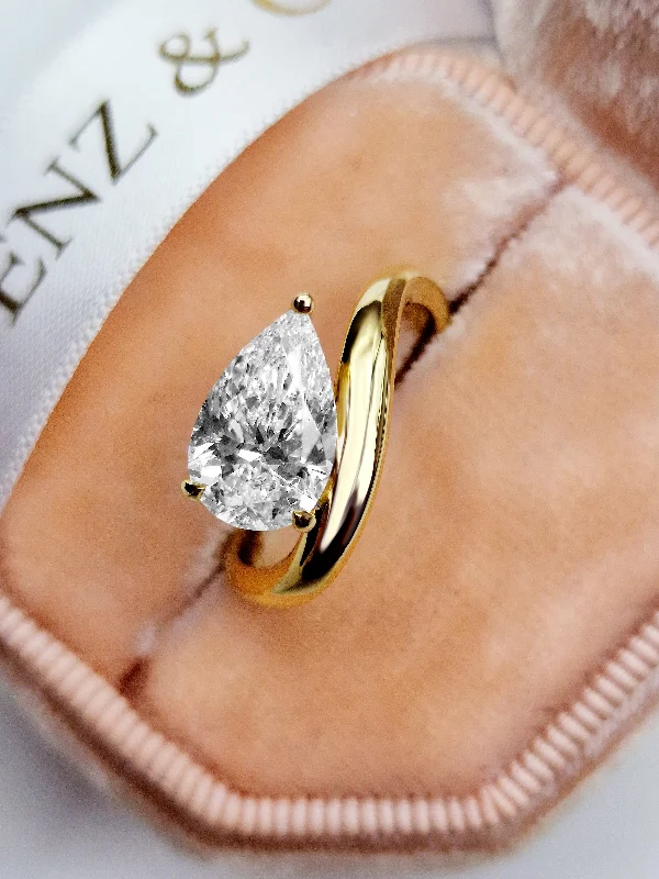 Ladies engagement rings custom touches-2.00 Carat Lab Grown Pear Shaped Wave Diamond Engagement Ring in Yellow Gold