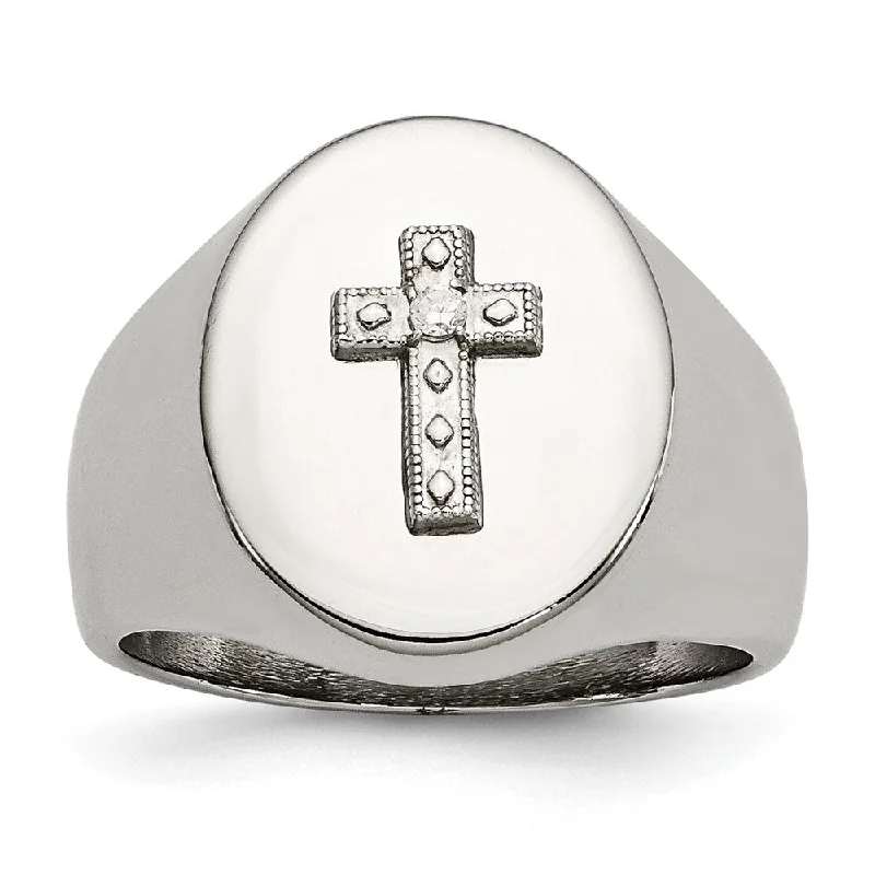 Ladies rings colorful gems-17mm Stainless Steel, Sterling Silver Cross & CZ Tapered Ring