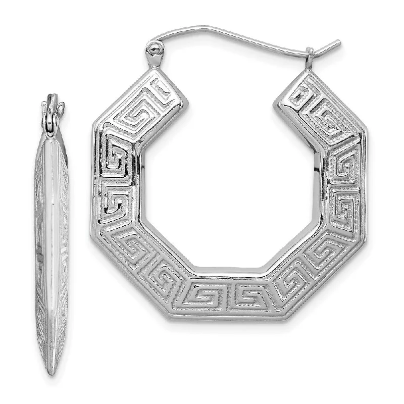 Ladies earrings rare designs-Greek Key Hoop Earrings in Sterling Silver - 29mm (1 1/8 Inch)