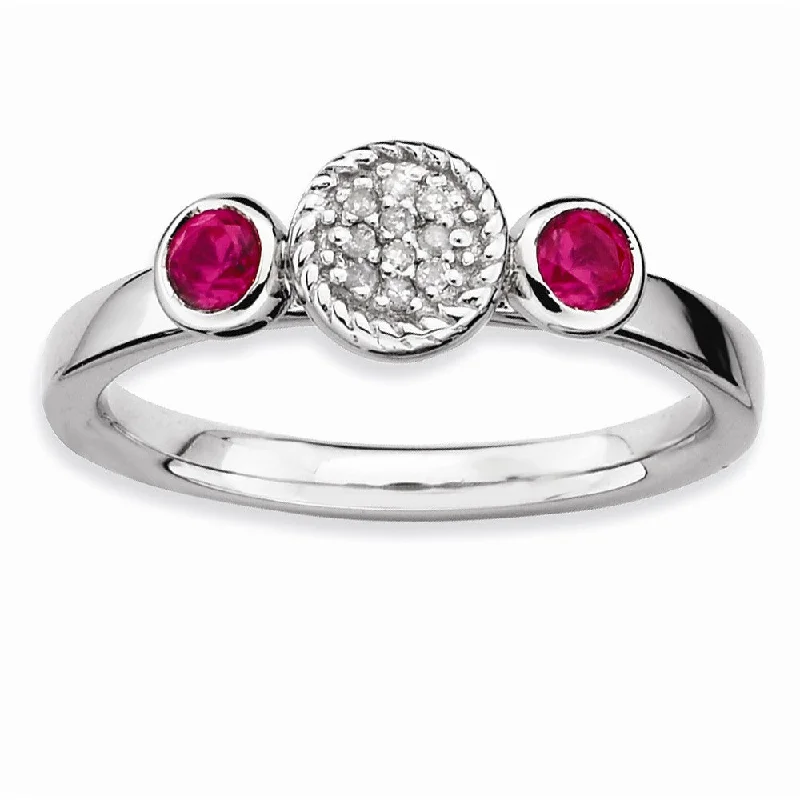 Ladies rings minimalist looks-Sterling Silver Stackable Created Ruby and .05 Ctw HI/I3 Diamond Ring