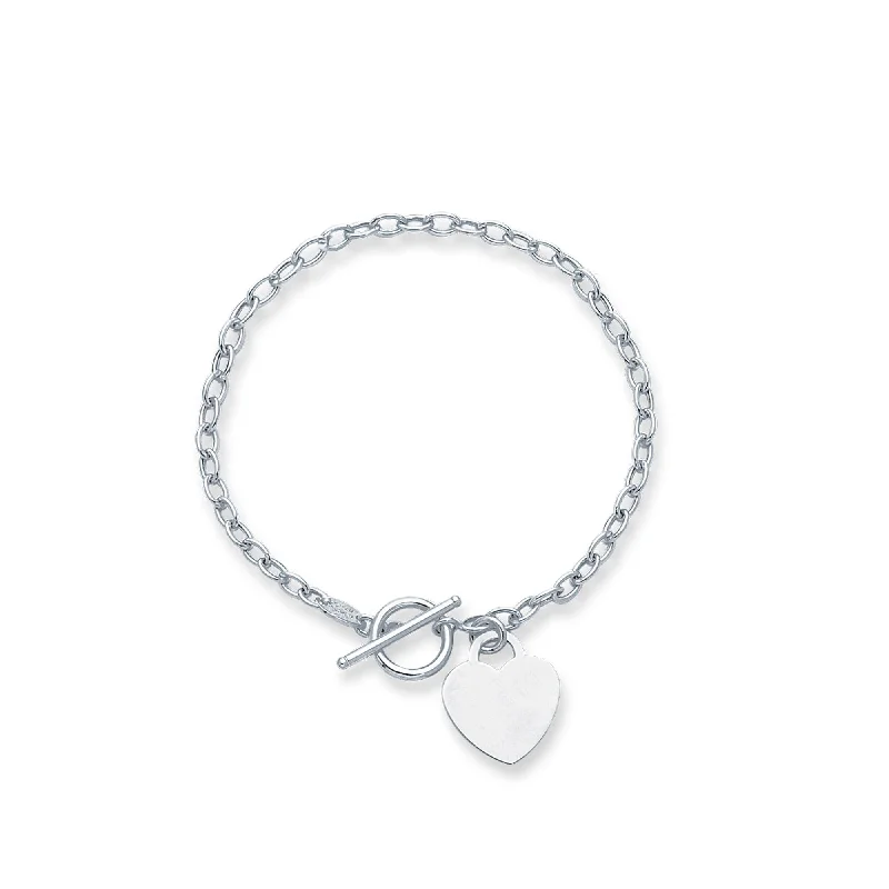 Ladies bracelets partner gifts-14kt 7.50 inches White Gold Diamond Cut Oval Chain Link Bracelet with Heart + Toggle Lock