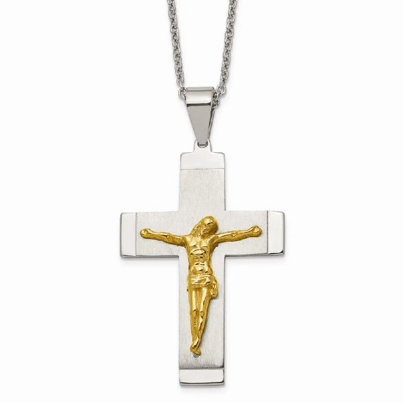 Ladies necklaces allergy-safe-Stainless Steel Brushed, Polished Yellow IP-plated Crucifix Necklace