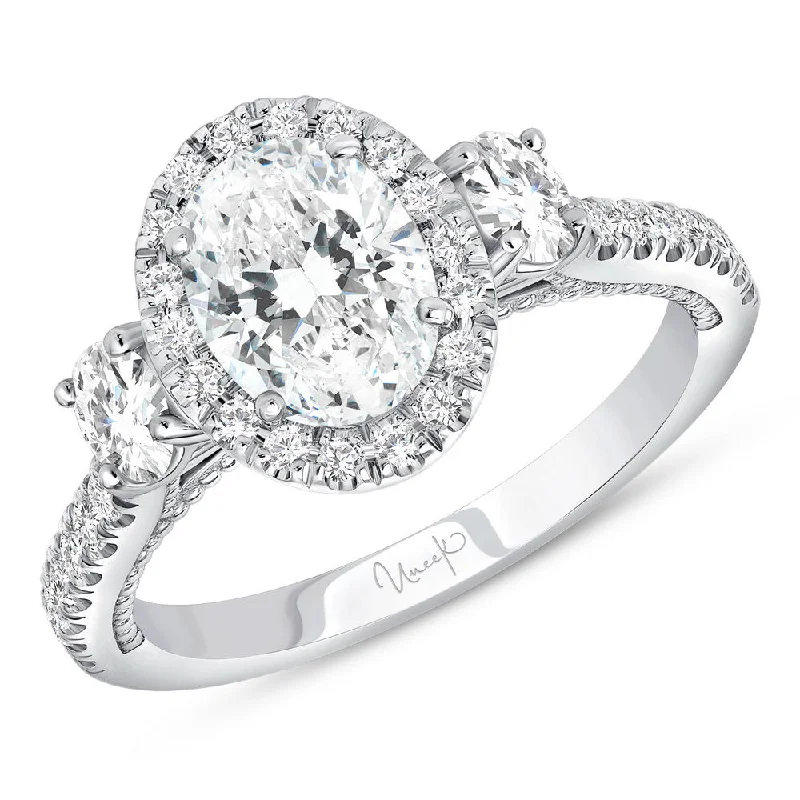 Ladies engagement rings store finds-Uneek Us Collection 3-Stone-Halo Oval Shaped Engagement Ring