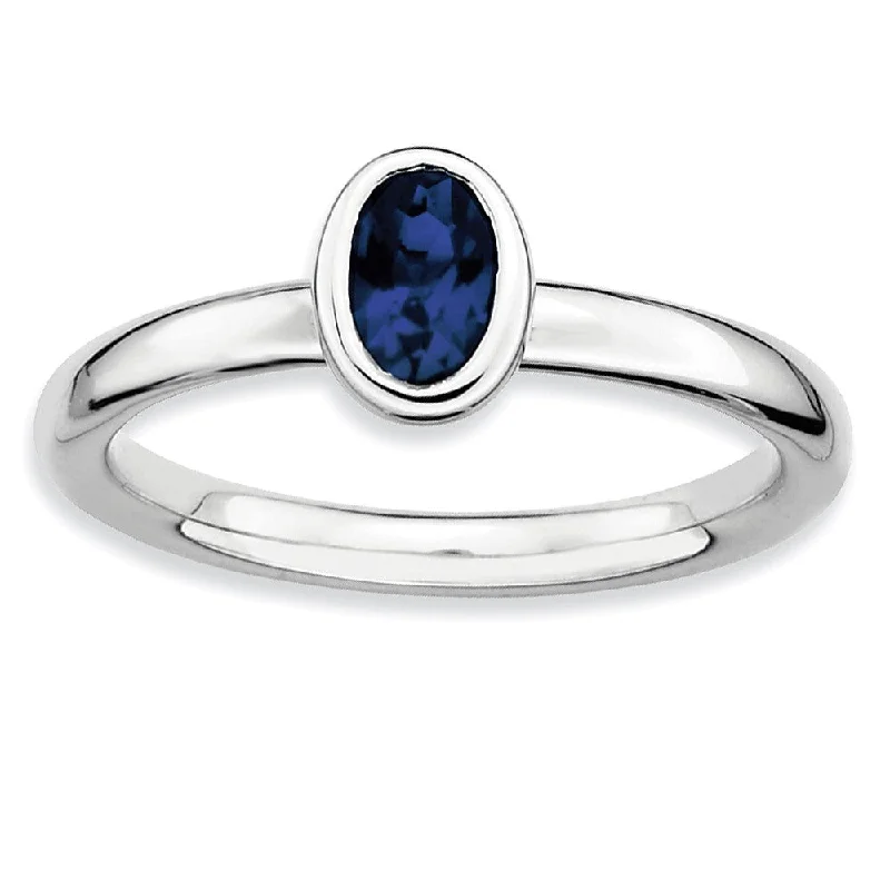 Ladies rings investment value-Silver Stackable Oval Created Sapphire Solitaire Ring