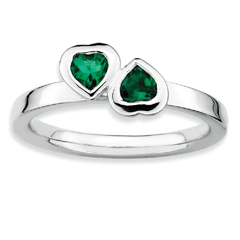 Ladies rings lightweight feel-Sterling Silver Stackable Double Heart Created Emerald Ring