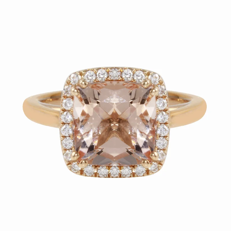 Ladies engagement rings dream designs-Morganite Cushion-Cut Diamond Pavé Halo and Band Engagement Ring