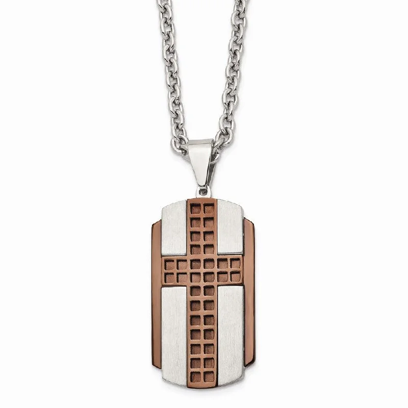 Ladies necklaces winter styles-Stainless Steel Brushed & Polished Brown IP-plated Cross Necklace