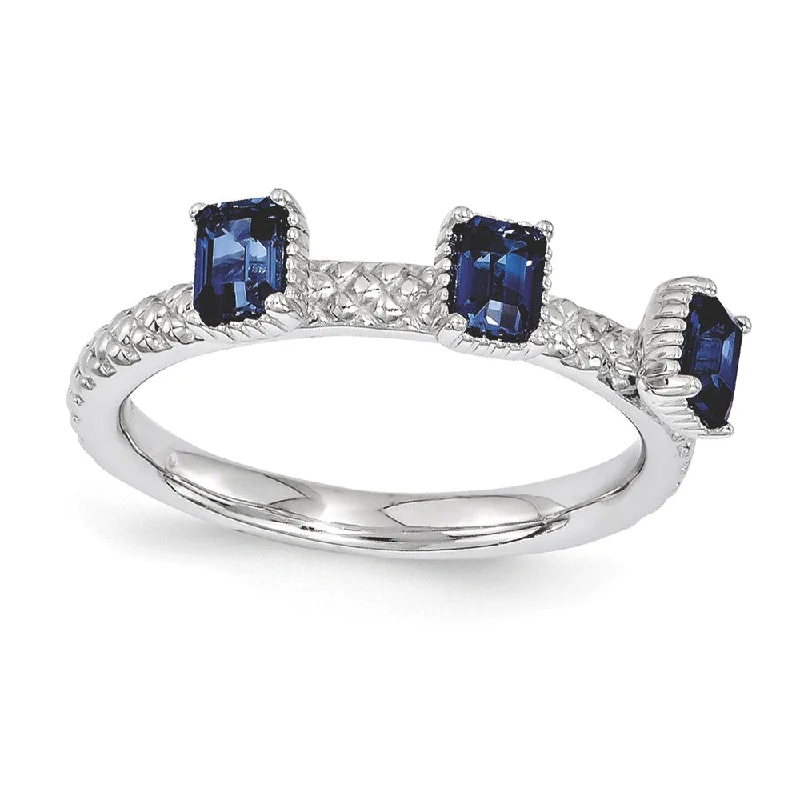 Ladies rings cute looks-Sterling Silver Stackable Created Sapphire Octagon 3 Stone Ring