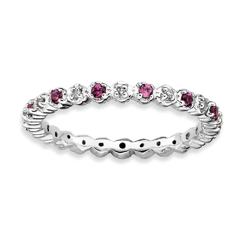 Ladies rings office looks-2.25mm Stackable Rhodolite Garnet & .04 Ctw HI/I3 Diamond Silver Band