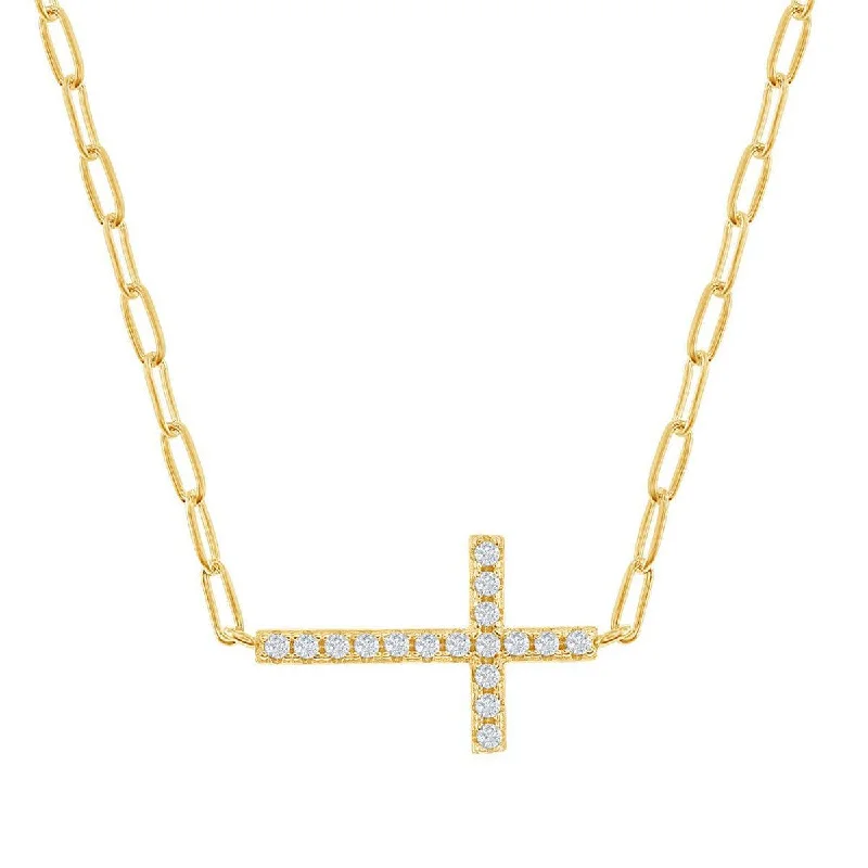 Ladies necklaces clean lines-Classic Women's Necklace - GP Sterling Silver CZ Sideways Cross Paperclip | M-6977-GP