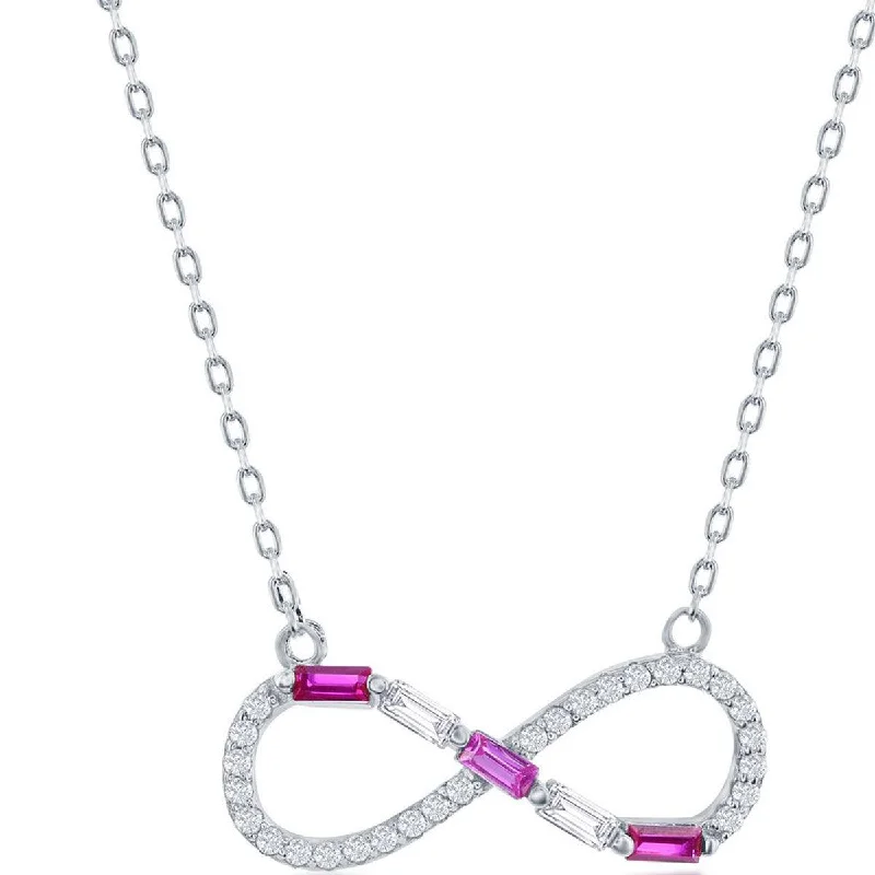 Ladies necklaces simple styles-Classic Women's Necklace - Sterling Round and Ruby Baguette CZ Infinity | M-6951