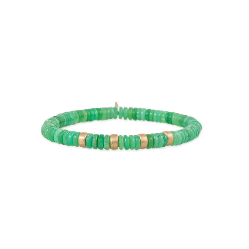 Ladies bracelets purchase tips-4 SPACED OUT GOLD BEADS + CHRYSOPRASE BEADED STRETCH BRACELET