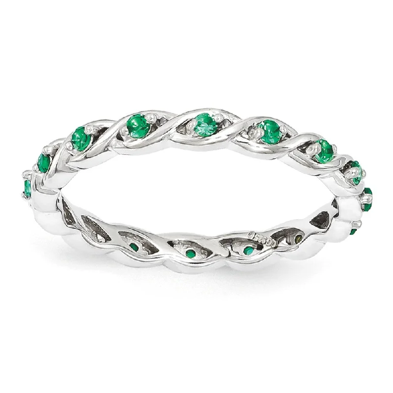 Ladies rings friendship rings-2.5mm Rhodium Sterling Silver Stackable Created Emerald Twist Band