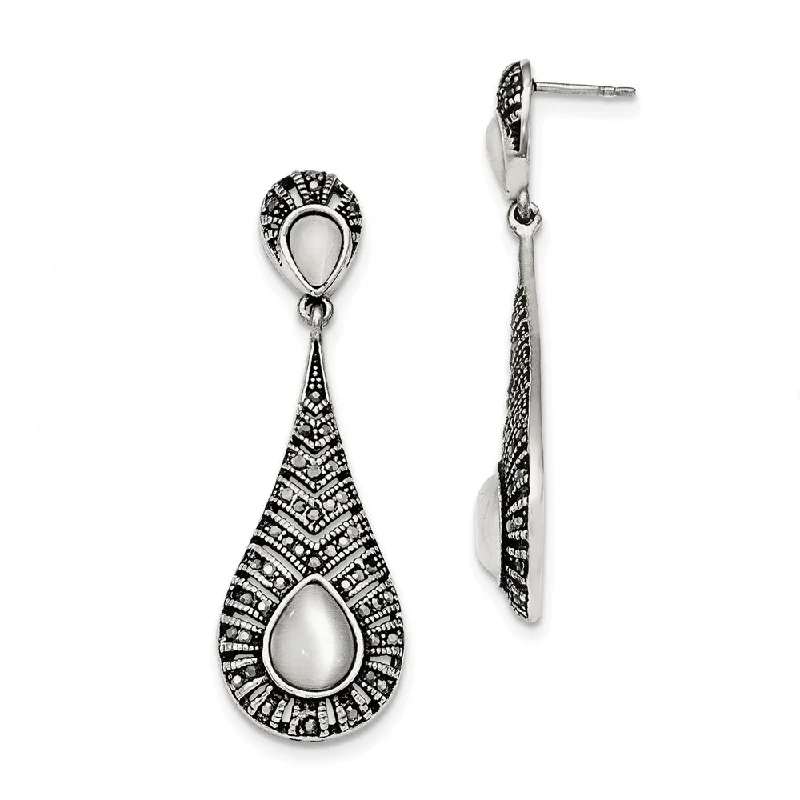 Ladies earrings ruby gems-Marcasite & Cat's Eye Teardrop Post Dangle Earrings in Stainless Steel