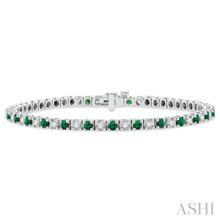 Ladies bracelets jade accents-1 1/2 ctw Square Box Link 2.5MM Emerald and Round Cut Diamond Precious Tennis Bracelet in 14K White Gold