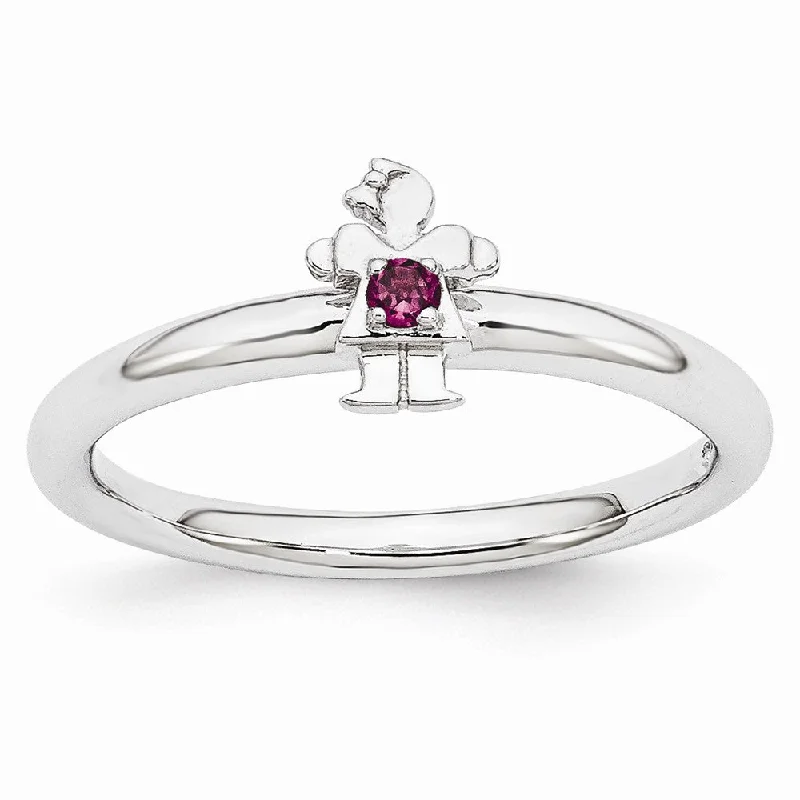 Ladies rings creative designs-Rhodium Plate Sterling Silver Stackable Rhodolite Garnet 7mm Girl Ring