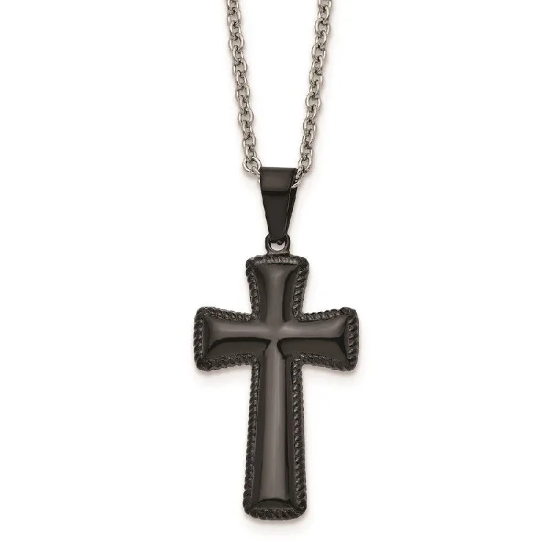 Ladies necklaces age styles-Stainless Steel Polished Black IP-plated Medium Pillow Cross Necklace