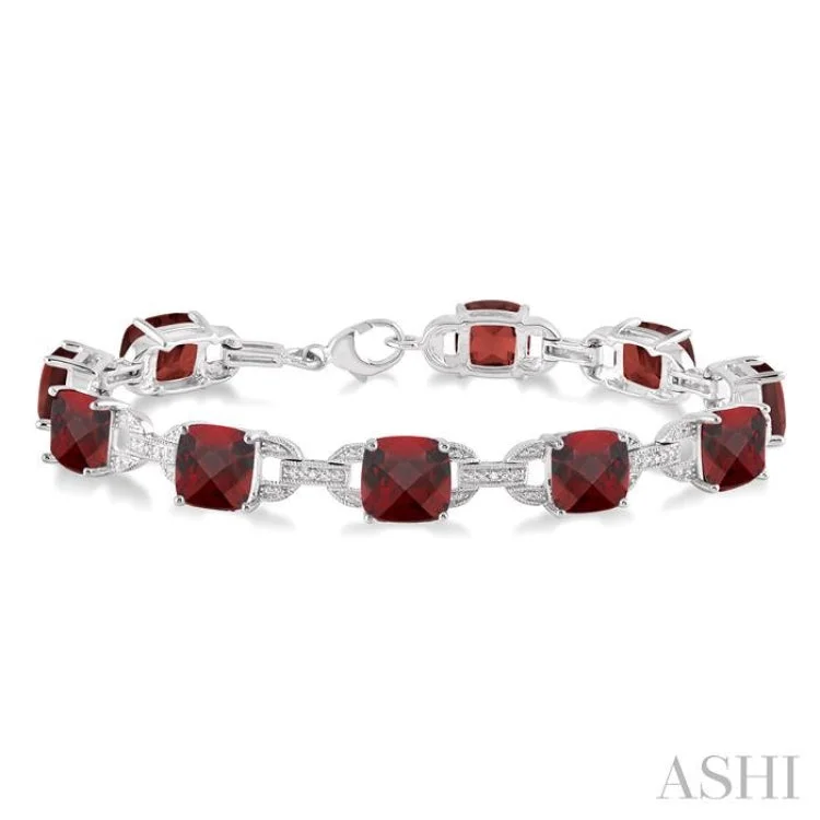 Ladies bracelets relaxed vibes-7x7 mm Cushion Cut Garnet and 1/20 Ctw Round Cut Diamond Fashion Bracelet in Sterling Silver