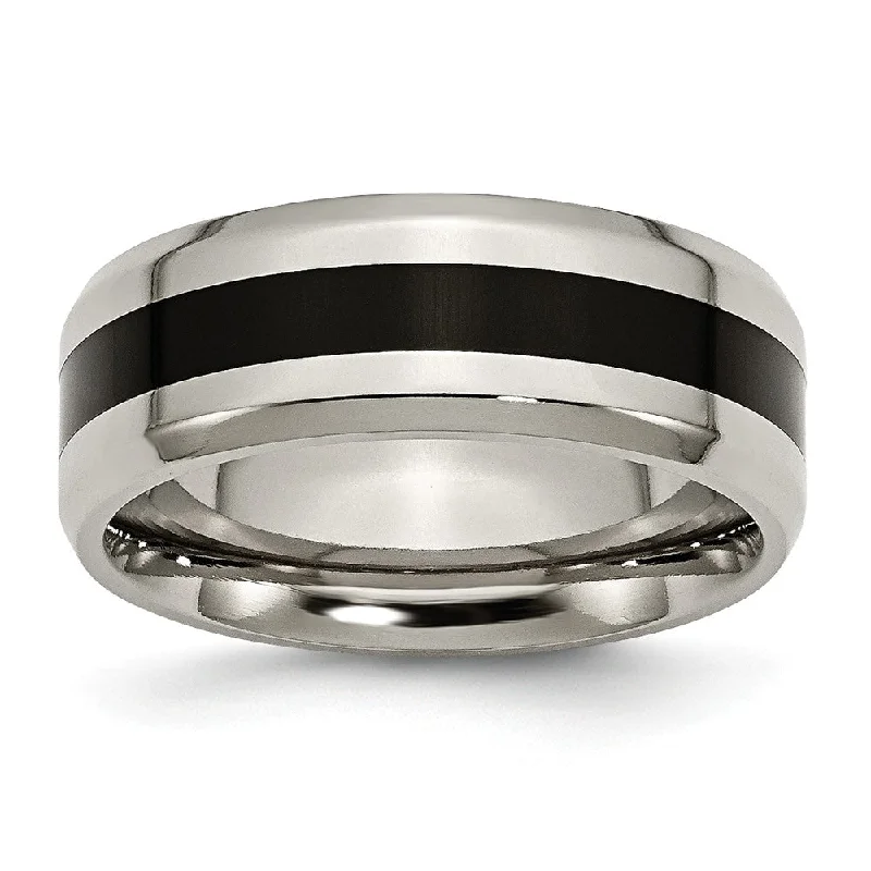 Ladies rings gold designs-Titanium and Black Enamel, 8mm Striped Comfort Fit Band