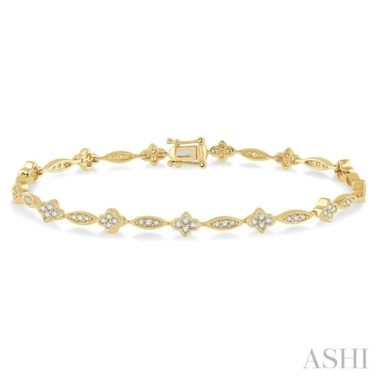 Ladies bracelets best brands-1 1/10 ctw Marquise and Floral Link Diamond Bracelet in 10K Yellow Gold