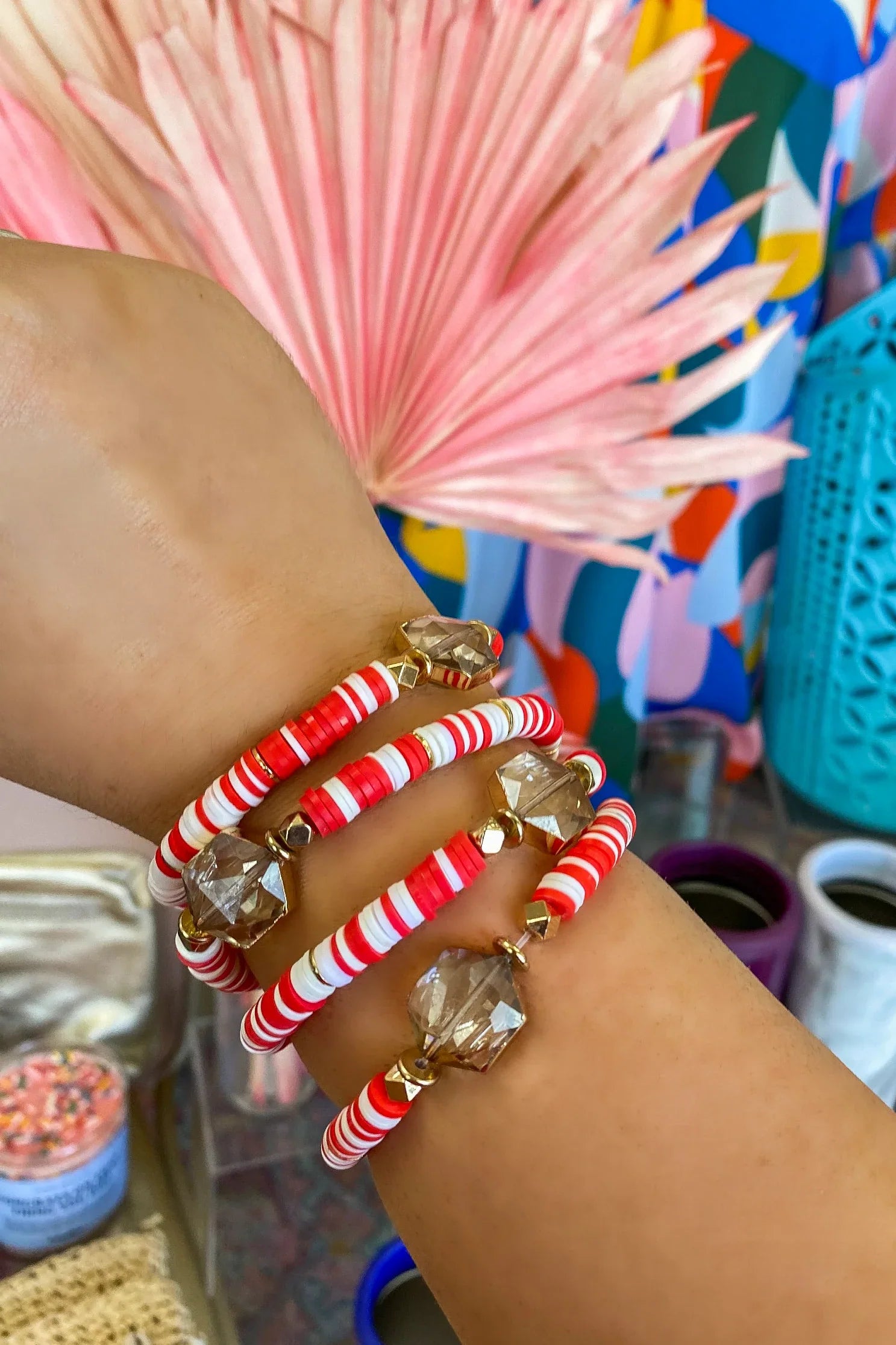 Ladies bracelets everyday wear-Red & White Jeweled Disc Bracelet