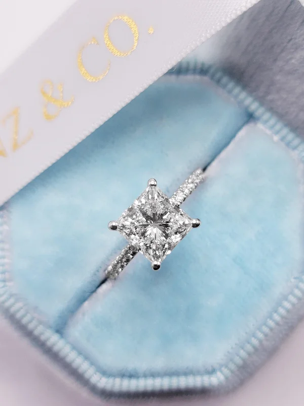 Ladies engagement rings promo deals-2.50 Carats Lab Grown Princess Cut Micropaved Side Stones Hidden Halo Diamond Engagement Ring