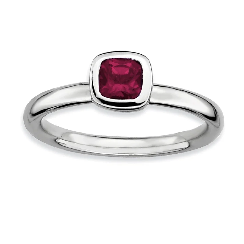 Ladies rings friendship rings-Silver Stackable Cushion Cut Rhodolite Garnet Solitaire Ring