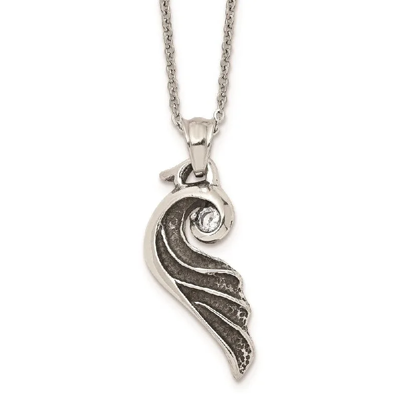 Ladies necklaces birthday treats-Stainless Steel Antiqued and Polished with Crystal Wing 18 in. Necklace