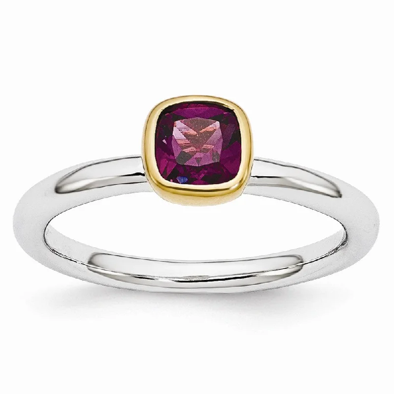 Ladies rings latest styles-Two Tone Sterling Silver Stackable 5mm Cushion Rhodolite Garnet Ring