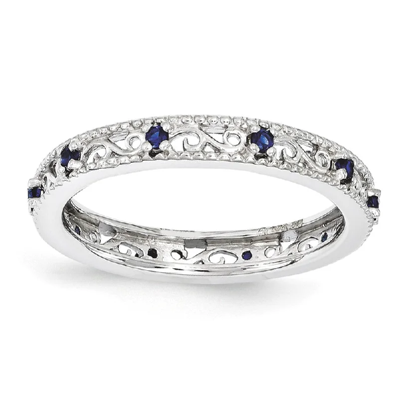 Ladies rings popular brands-3mm Sterling Silver Stackable Expressions Created Sapphire Scroll Band