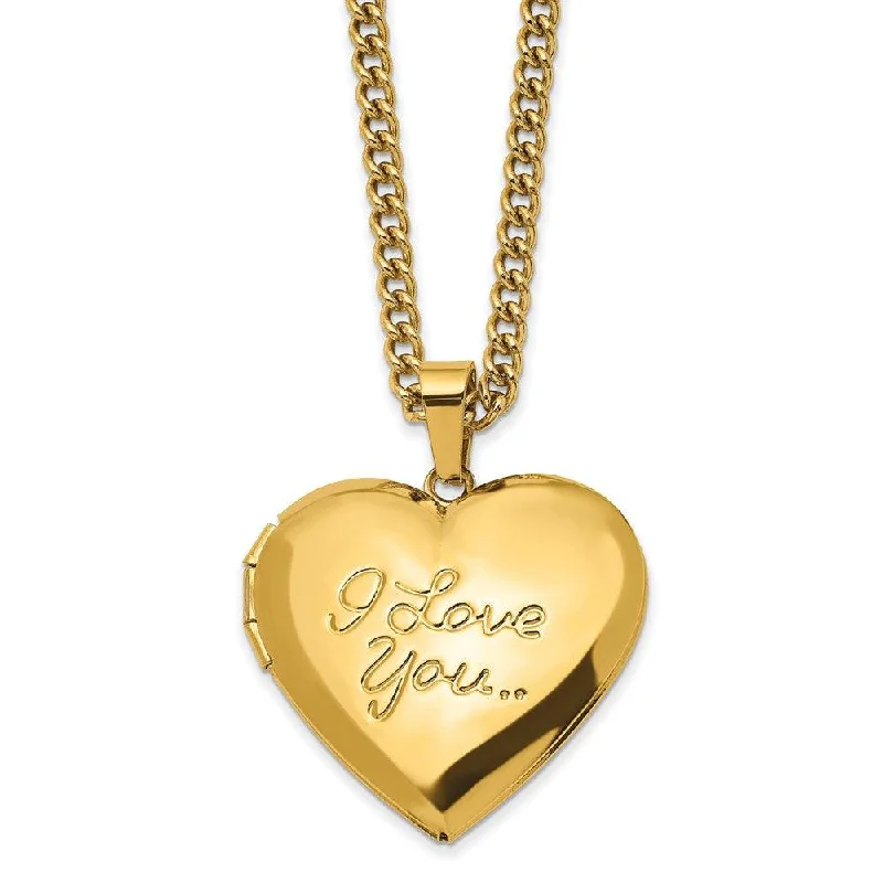 Ladies necklaces cut-out designs-Stainless Steel Polished Yellow IP I LOVE YOU Heart Locket 24in Necklace