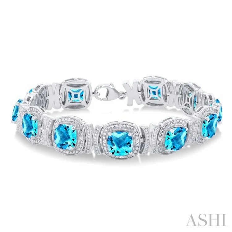 Ladies bracelets festive gifts-1/10 ctw Cushion Cut 7X7MM Blue Topaz and Round Cut Diamond Semi Precious Bracelet in Sterling Silver