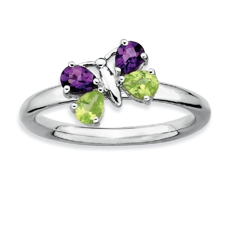 Ladies rings office looks-Sterling Silver Peridot and Amethyst Stackable Gemstone Butterfly Ring