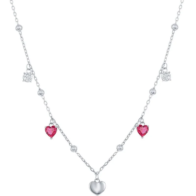 Ladies necklaces shop locations-Classic Women's Necklace - Sterling Silver White and Ruby CZ Heart Beaded | M-6813