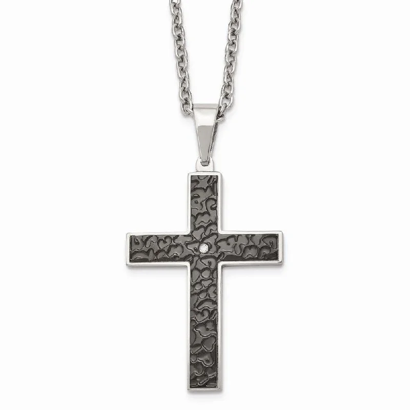 Ladies necklaces wildlife themes-Stainless Steel Polished Black IP Textured CZ Cross Necklace