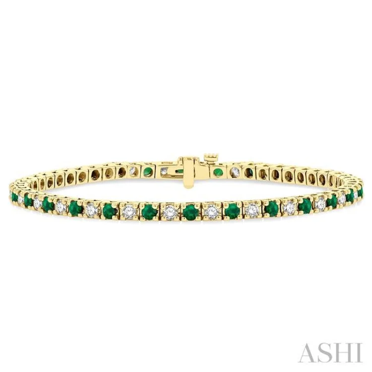 Ladies bracelets stacked looks-1 1/2 ctw Square Box Link 2.5MM Emerald and Round Cut Diamond Precious Tennis Bracelet in 14K Yellow Gold