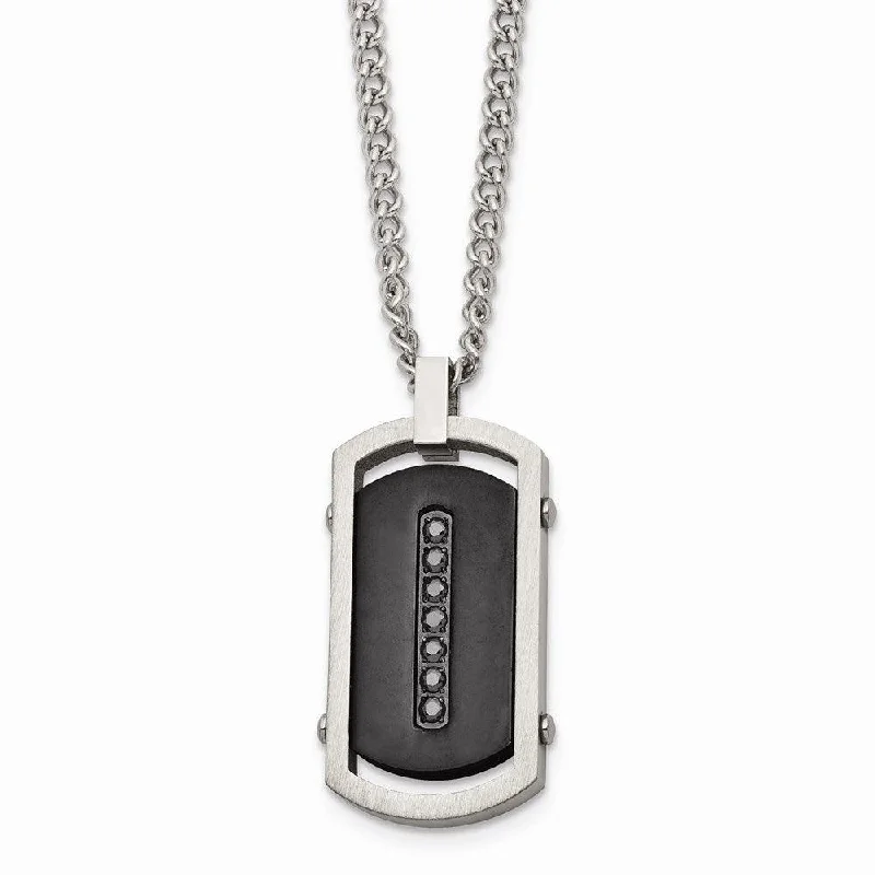 Ladies necklaces web stores-Stainless Steel Brushed/Polished Black IP Center Black CZ Tag Necklace