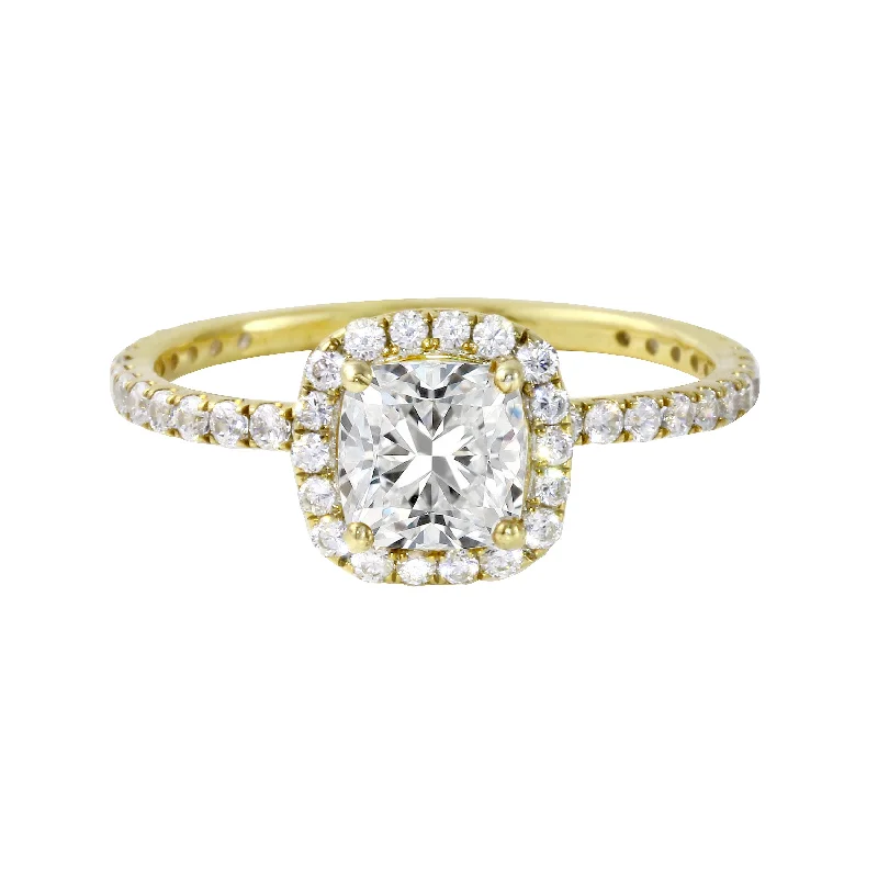 Ladies engagement rings lightweight feel-Cushion-Cut Diamond Halo Pavé Band Engagement Ring