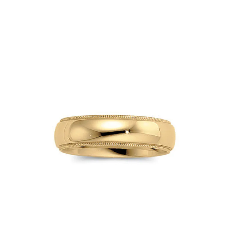 Ladies rings ring finger-6mm Light Milgrain Edge Comfort Fit Domed Band in 14k Yellow Gold