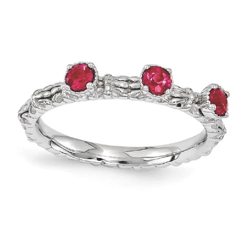 Ladies rings retail stores-Sterling Silver Stackable Created Ruby Round Three Stone Ring