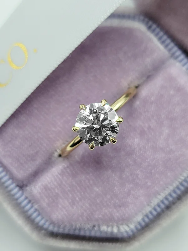 Ladies engagement rings floral accents-2.01 Carat Lab Grown Round Brilliant Cut Solitaire Diamond Engagement Ring in Yellow Gold