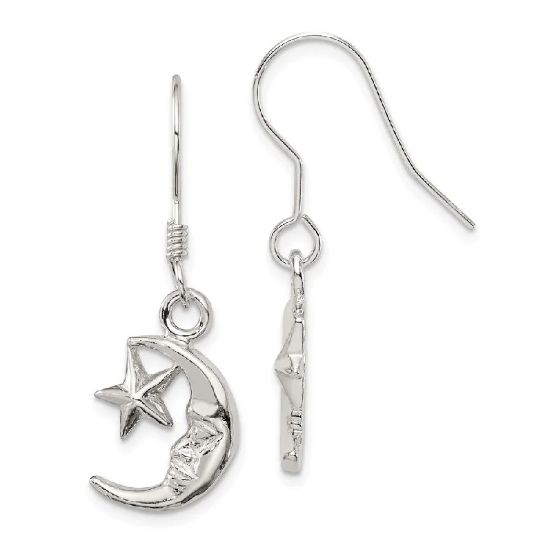 Ladies earrings diamond drops-Polished Crescent Moon and Star Dangle Earrings in Sterling Silver