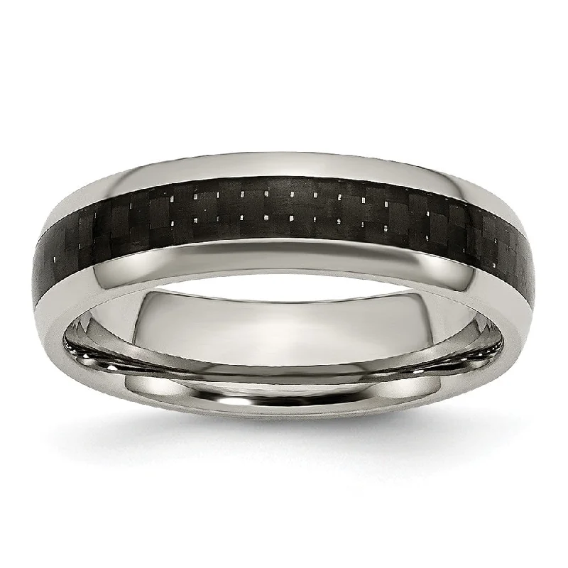 Ladies rings heart shapes-Titanium Black Carbon Fiber 6mm Polished Domed Comfort Fit Band