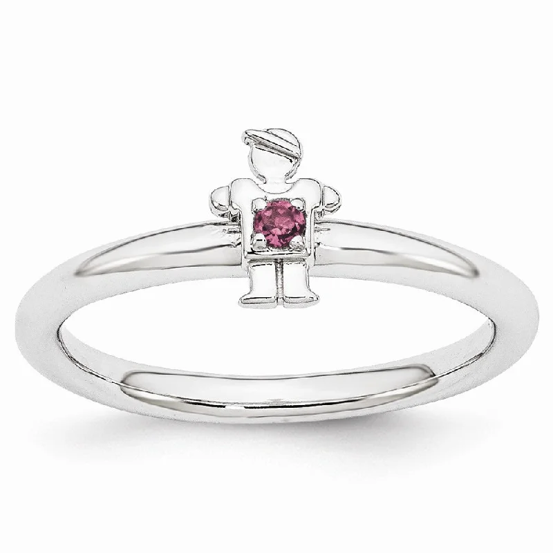 Ladies rings middle finger-Rhodium Plated Sterling Silver Stackable Rhodolite Garnet 7mm Boy Ring