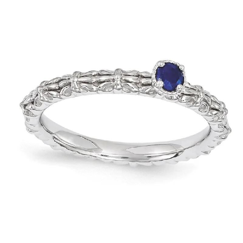 Ladies rings diamond accents-Sterling Silver Stackable Created Sapphire Round One Stone Ring