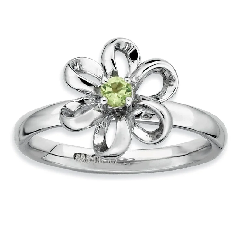 Ladies rings sister sets-Silver Stackable 12mm .12 Carat Peridot Flower Ring