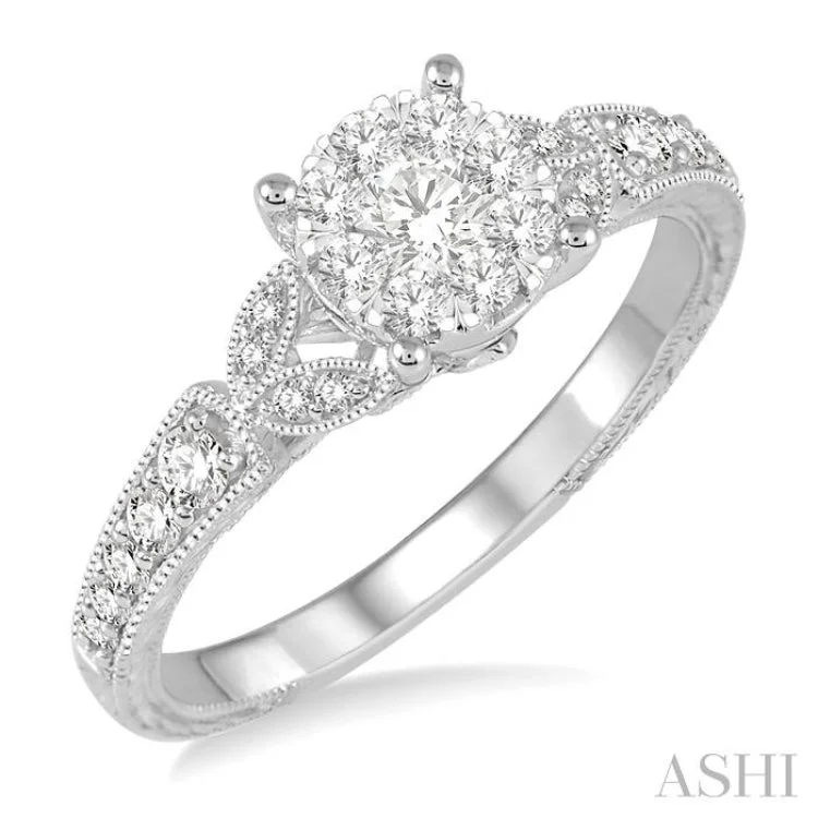 Ladies engagement rings proposal tips-1/2 Ctw Round Cut Diamond Lovebright Engagement Ring in 14K White Gold